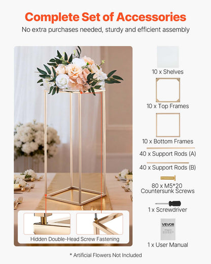 Wedding Flower Stand, 10PCS 23.62-inch Column Flower Stand, Floral Stands with Acrylic Laminate, Gold Rectangular Floral Display Rack for Wedding, Party, Birthday, Home, Gold Centerpiece Stands