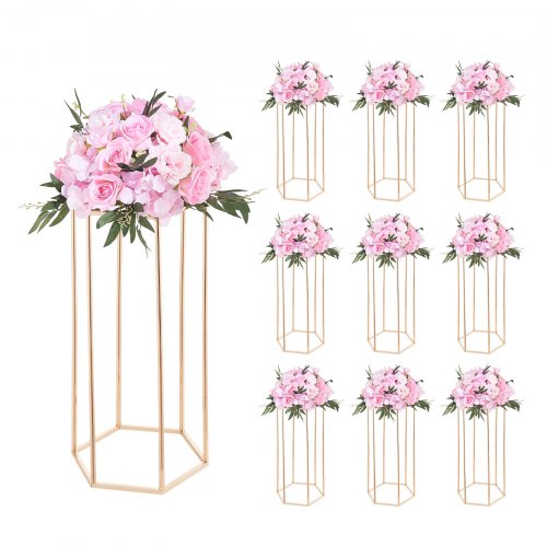 Wedding Flower Stand, 10PCS 23.62-inch Column Flower Stand, Floral Stands with Acrylic Laminate, Hexagonal Cubic Floral Display Rack for Wedding, Party, Birthday, Home, Gold Centerpiece Stands