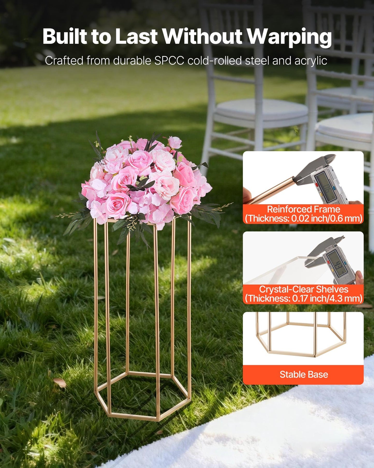 Wedding Flower Stand, 10PCS 23.62-inch Column Flower Stand, Floral Stands with Acrylic Laminate, Hexagonal Cubic Floral Display Rack for Wedding, Party, Birthday, Home, Gold Centerpiece Stands