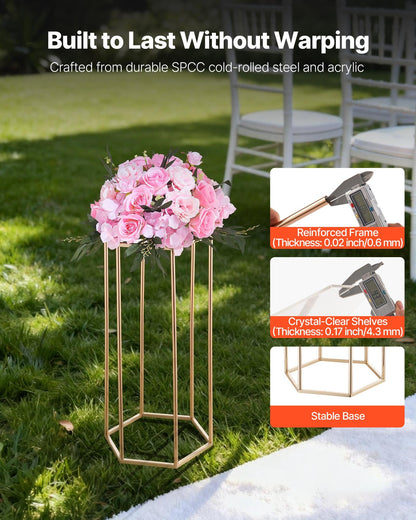 Wedding Flower Stand, 10PCS 23.62-inch Column Flower Stand, Floral Stands with Acrylic Laminate, Hexagonal Cubic Floral Display Rack for Wedding, Party, Birthday, Home, Gold Centerpiece Stands