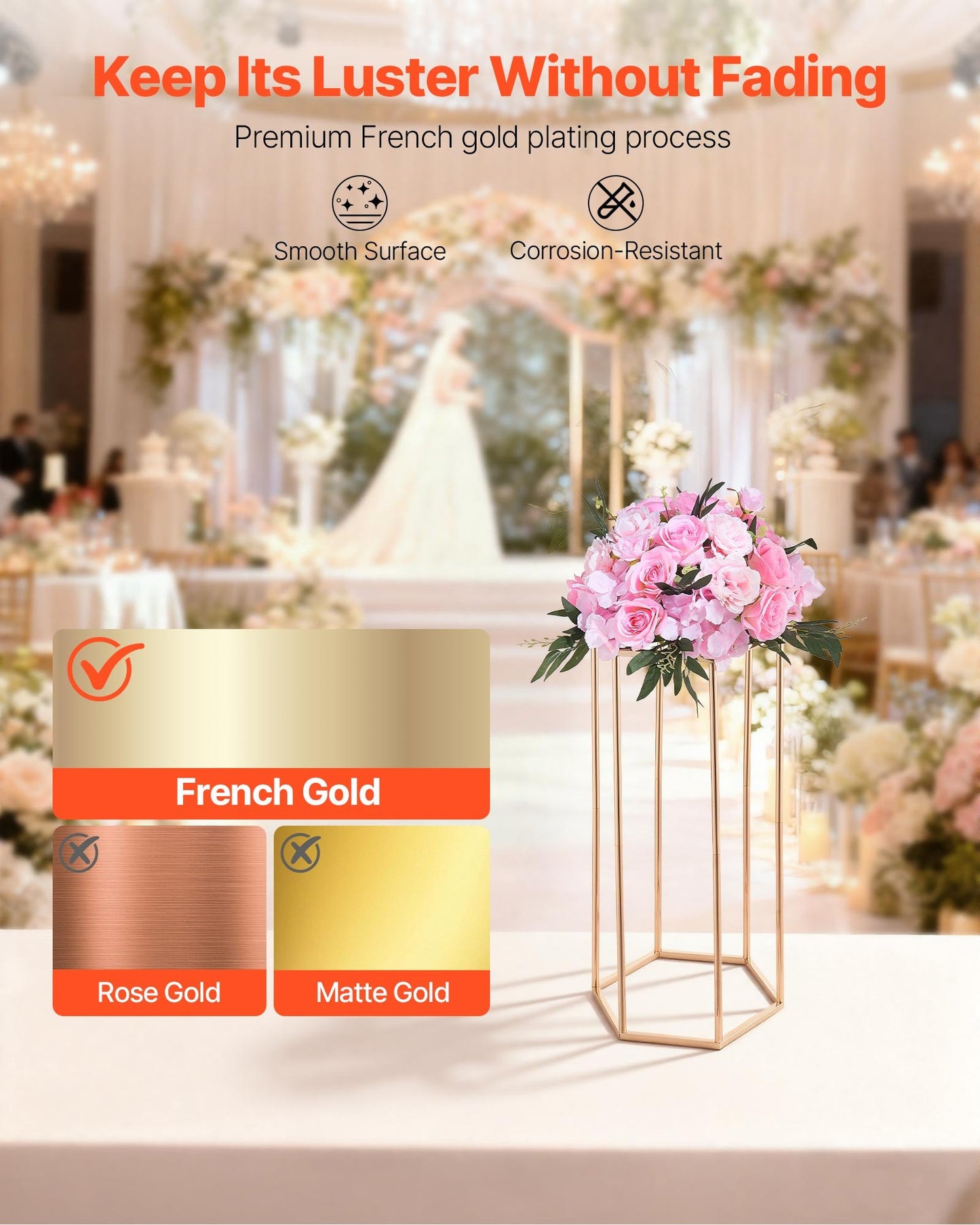 Wedding Flower Stand, 10PCS 23.62-inch Column Flower Stand, Floral Stands with Acrylic Laminate, Hexagonal Cubic Floral Display Rack for Wedding, Party, Birthday, Home, Gold Centerpiece Stands