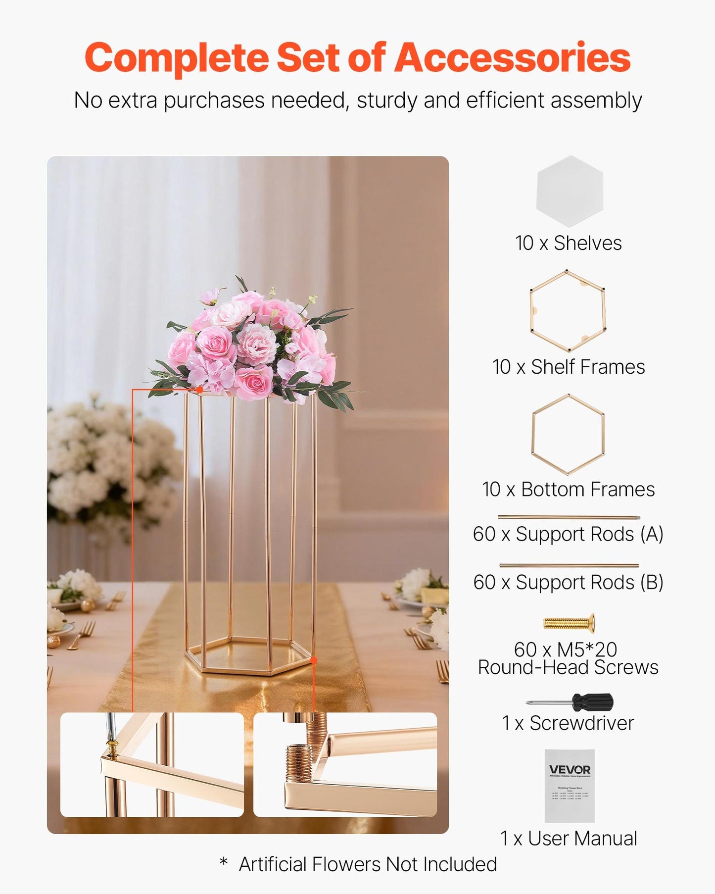 Wedding Flower Stand, 10PCS 23.62-inch Column Flower Stand, Floral Stands with Acrylic Laminate, Hexagonal Cubic Floral Display Rack for Wedding, Party, Birthday, Home, Gold Centerpiece Stands