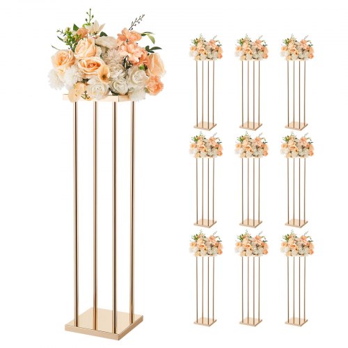 Wedding Flower Stand, 10PCS 31.5-inch Column Flower Stand, Floral Stands with Metal Laminate, Cylindrical Cubic Floral Display Rack for Wedding, Party, Birthday, Home, Gold Centerpiece Stands