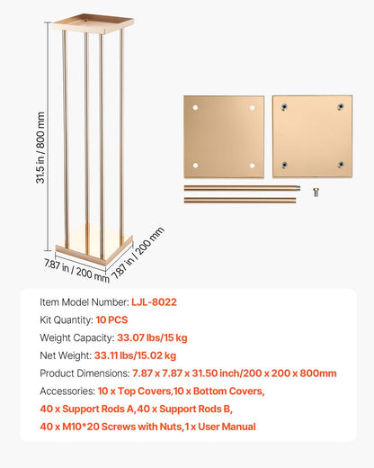 Wedding Flower Stand, 10PCS 31.5-inch Column Flower Stand, Floral Stands with Metal Laminate, Cylindrical Cubic Floral Display Rack for Wedding, Party, Birthday, Home, Gold Centerpiece Stands