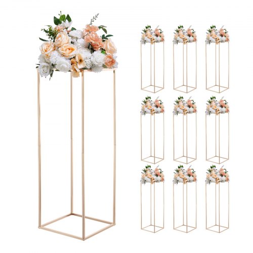 Wedding Flower Stand, 10PCS 31.5-inch Column Flower Stand, Floral Stands with Metal Laminate, Gold Rectangular Floral Display Rack for Wedding, Party, Birthday, Home, Gold Centerpiece Stands