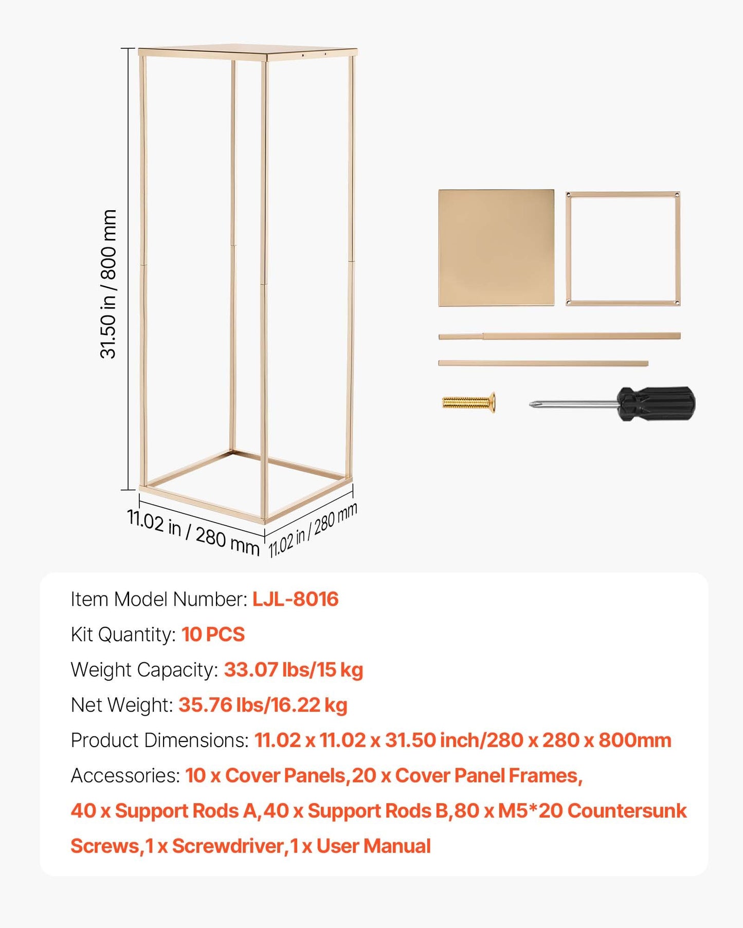 Wedding Flower Stand, 10PCS 31.5-inch Column Flower Stand, Floral Stands with Metal Laminate, Gold Rectangular Floral Display Rack for Wedding, Party, Birthday, Home, Gold Centerpiece Stands