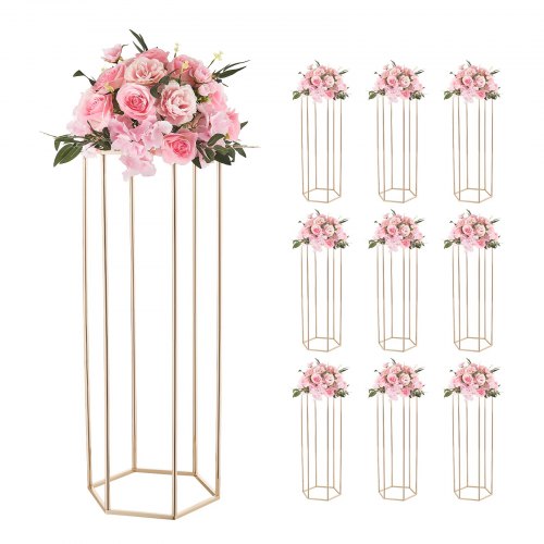 Wedding Flower Stand, 10PCS 31.5-inch Column Flower Stand, Floral Stands with Acrylic Laminate, Hexagonal Cubic Floral Display Rack for Wedding, Party, Birthday, Home, Gold Centerpiece Stands