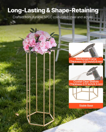 Wedding Flower Stand, 10PCS 31.5-inch Column Flower Stand, Floral Stands with Acrylic Laminate, Hexagonal Cubic Floral Display Rack for Wedding, Party, Birthday, Home, Gold Centerpiece Stands