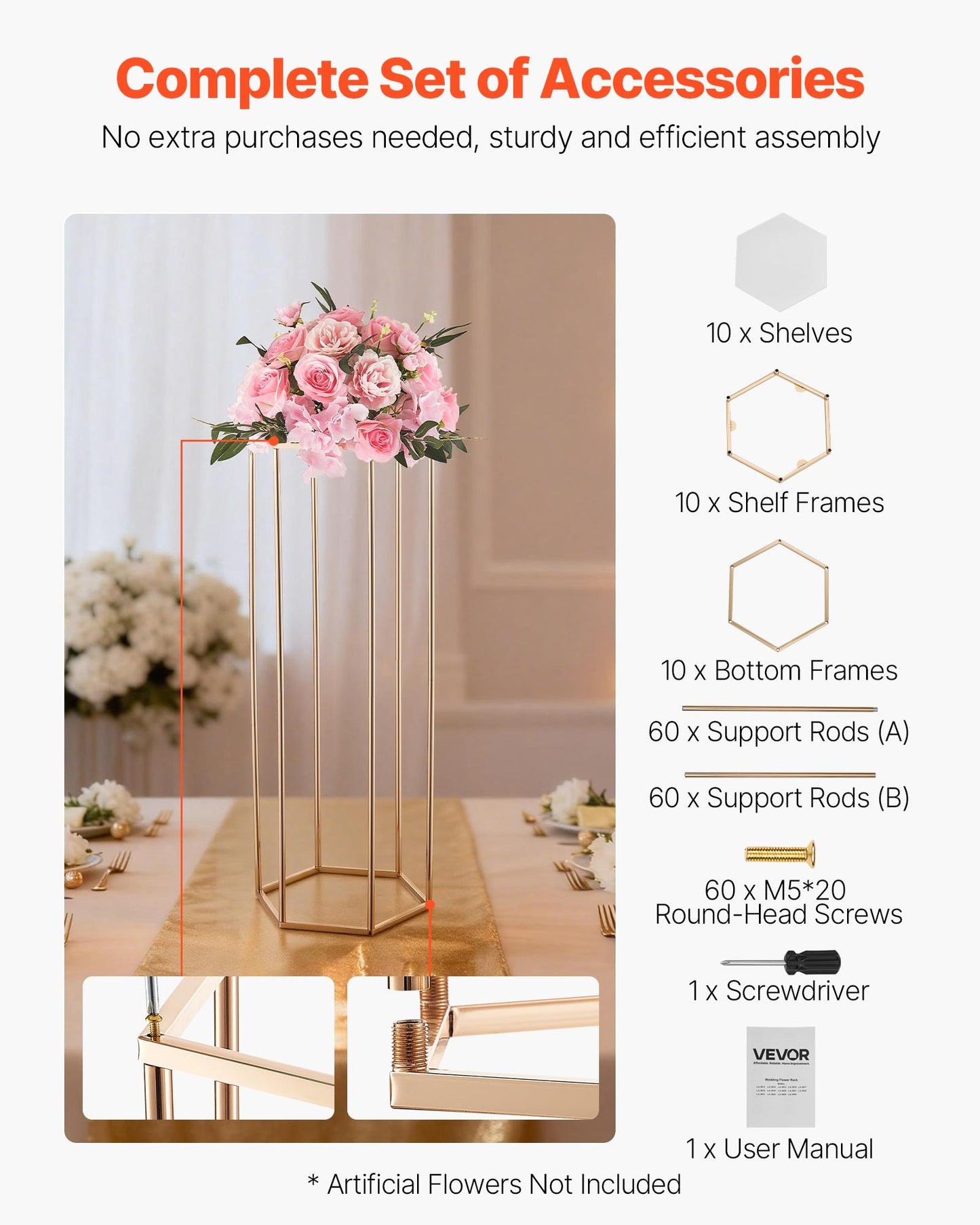 Wedding Flower Stand, 10PCS 31.5-inch Column Flower Stand, Floral Stands with Acrylic Laminate, Hexagonal Cubic Floral Display Rack for Wedding, Party, Birthday, Home, Gold Centerpiece Stands