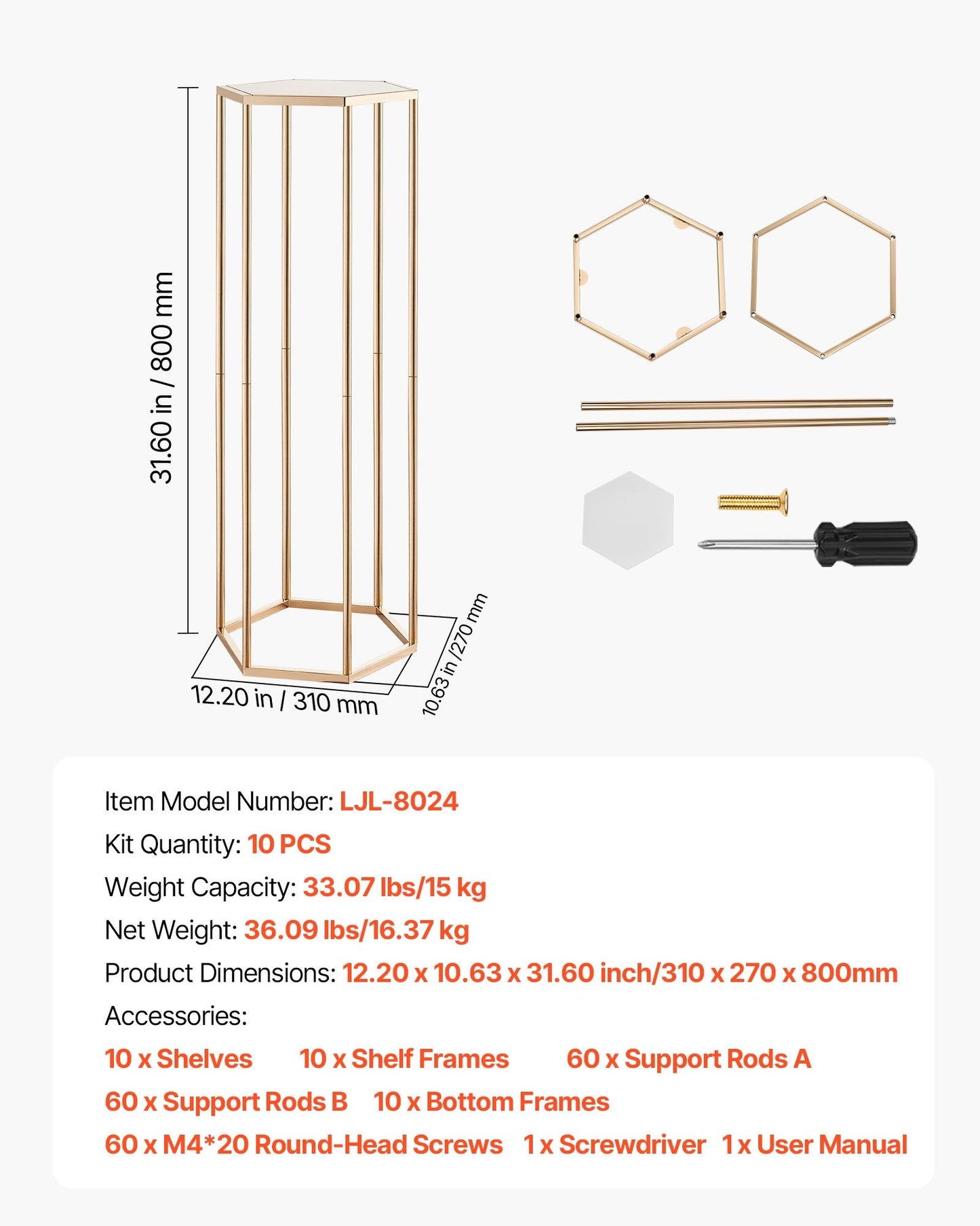 Wedding Flower Stand, 10PCS 31.5-inch Column Flower Stand, Floral Stands with Acrylic Laminate, Hexagonal Cubic Floral Display Rack for Wedding, Party, Birthday, Home, Gold Centerpiece Stands