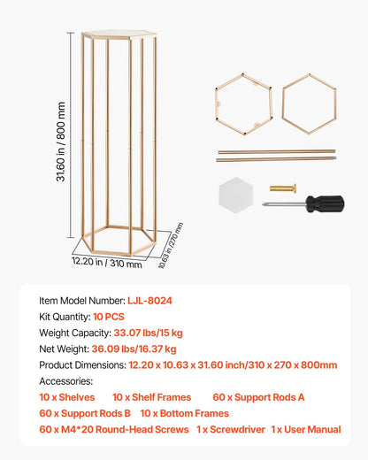 Wedding Flower Stand, 10PCS 31.5-inch Column Flower Stand, Floral Stands with Acrylic Laminate, Hexagonal Cubic Floral Display Rack for Wedding, Party, Birthday, Home, Gold Centerpiece Stands