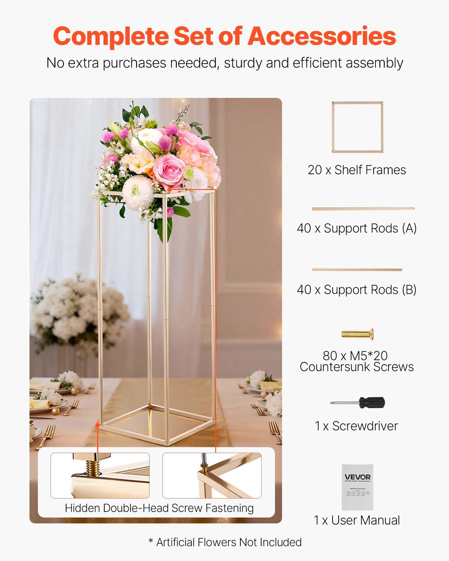 Wedding Flower Stand, 10PCS 31.5-inch Column Flower Stand, Floral Stands with Hidden Screw, Rectangular Cubic Floral Display Rack for Wedding, Party, Birthday, Home, Gold Centerpiece Stands