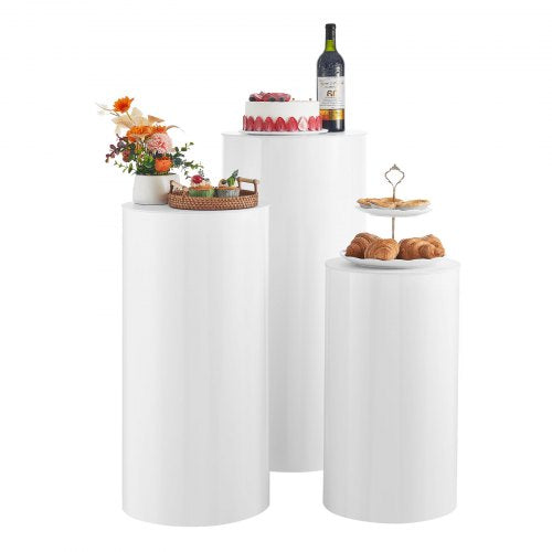 Wedding Flower Stand, 3PCS 23.62/29.53/35.43 inch Round Cylinder Plinth, White Pedestal Stand with PVC Lid, Cylindrical Pedestal Stands for Wedding, Party, Birthday, Art Decor, 33.07 lbs Load