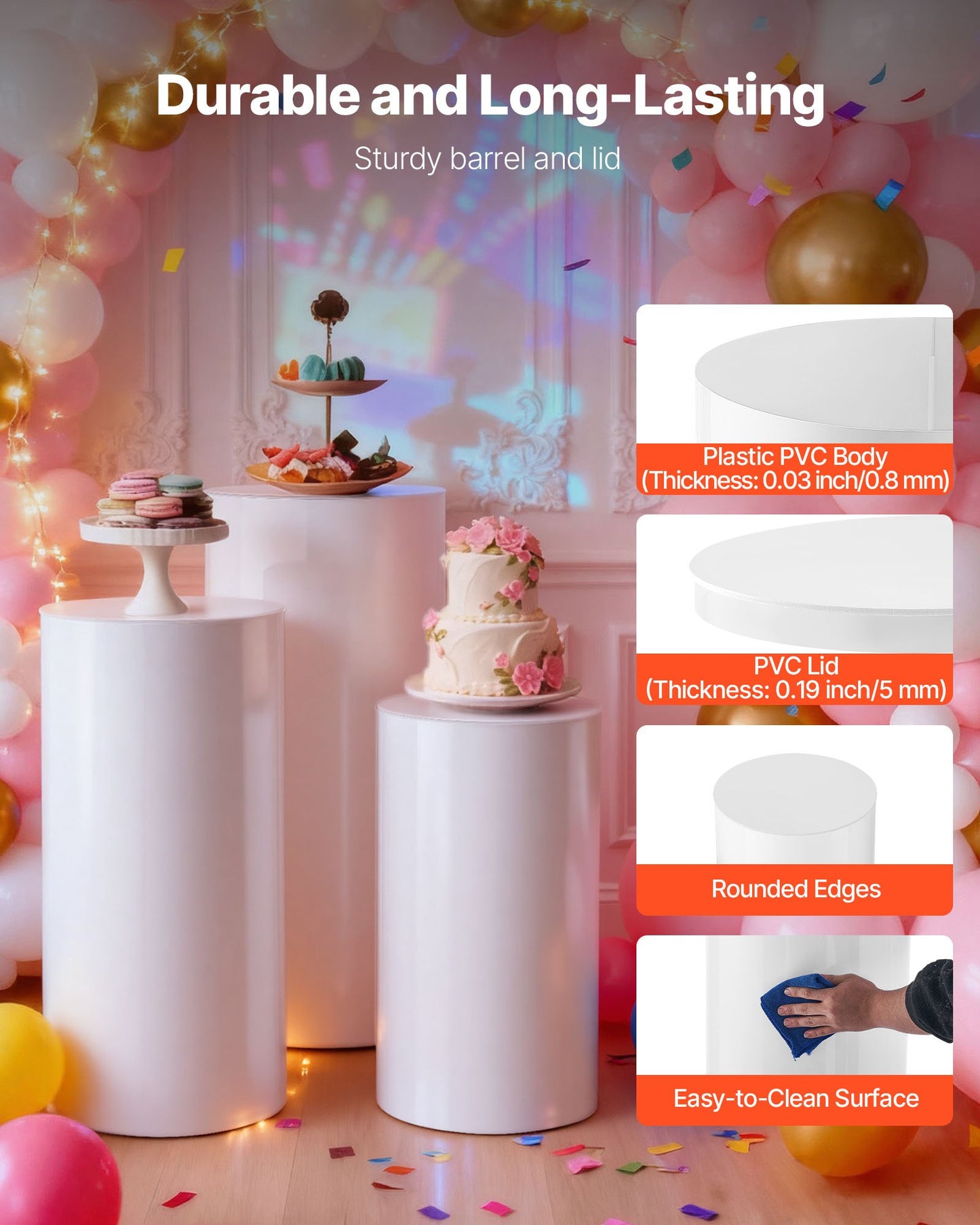 Wedding Flower Stand, 3PCS 23.62/29.53/35.43 inch Round Cylinder Plinth, White Pedestal Stand with PVC Lid, Cylindrical Pedestal Stands for Wedding, Party, Birthday, Art Decor, 33.07 lbs Load