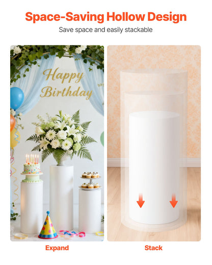 Wedding Flower Stand, 3PCS 23.62/29.53/35.43 inch Round Cylinder Plinth, White Pedestal Stand with PVC Lid, Cylindrical Pedestal Stands for Wedding, Party, Birthday, Art Decor, 33.07 lbs Load