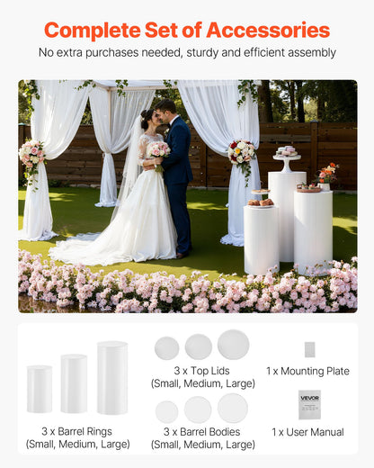 Wedding Flower Stand, 3PCS 23.62/29.53/35.43 inch Round Cylinder Plinth, White Pedestal Stand with PVC Lid, Cylindrical Pedestal Stands for Wedding, Party, Birthday, Art Decor, 33.07 lbs Load