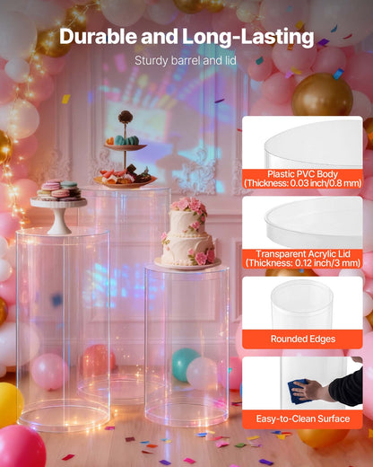 Wedding Flower Stand, 3PCS 23.62/29.53/35.43 inch Round Cylinder Plinth, Clear Pedestal Stand with Transparent Acrylic Lid, Cylindrical Pedestal Stands for Wedding, Party, Birthday, Art Decor