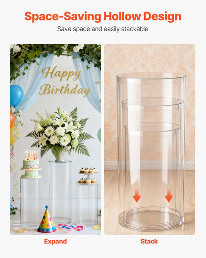 Wedding Flower Stand, 3PCS 23.62/29.53/35.43 inch Round Cylinder Plinth, Clear Pedestal Stand with Transparent Acrylic Lid, Cylindrical Pedestal Stands for Wedding, Party, Birthday, Art Decor