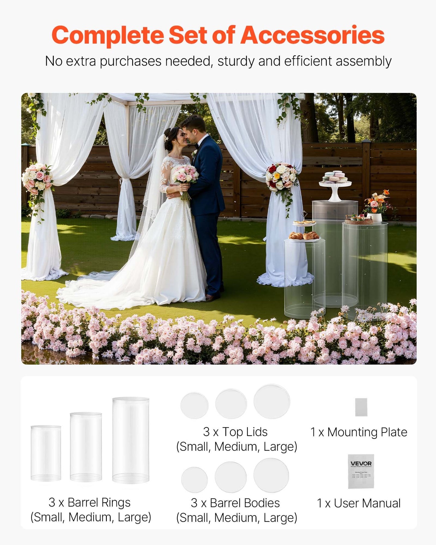 Wedding Flower Stand, 3PCS 23.62/29.53/35.43 inch Round Cylinder Plinth, Clear Pedestal Stand with Transparent Acrylic Lid, Cylindrical Pedestal Stands for Wedding, Party, Birthday, Art Decor