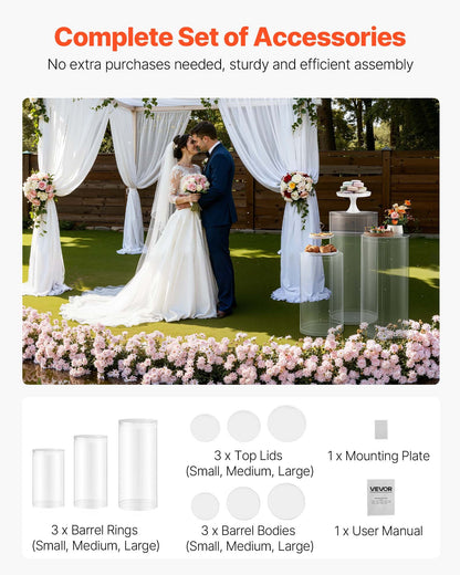 Wedding Flower Stand, 3PCS 23.62/29.53/35.43 inch Round Cylinder Plinth, Clear Pedestal Stand with Transparent Acrylic Lid, Cylindrical Pedestal Stands for Wedding, Party, Birthday, Art Decor