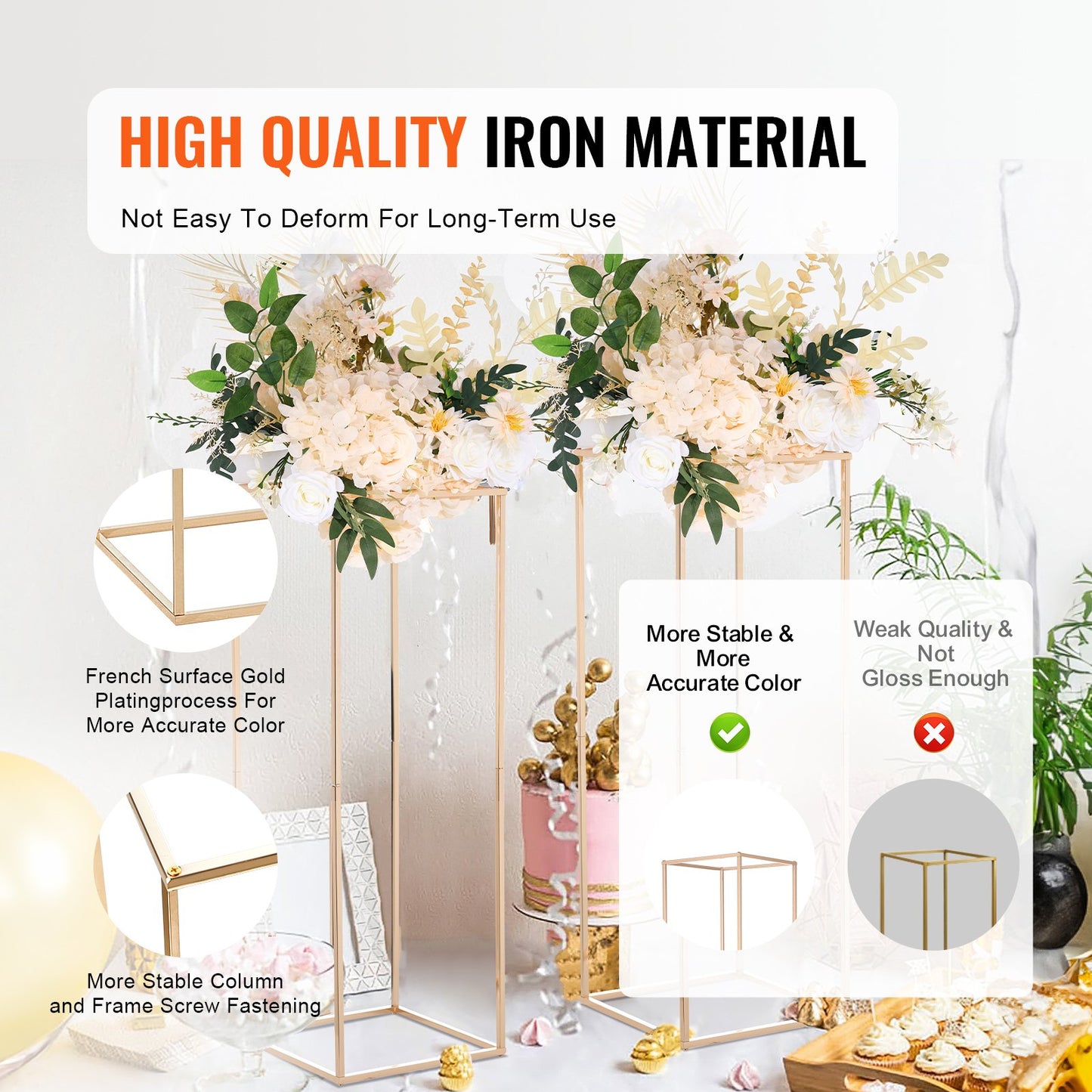 2PCS 31.5inch High Wedding Flower Stand, Metal Vase Column Geometric Centerpiece Stands, Gold Rectangular Floral Display Rack for T-Stage Events Reception, Party Decoration Home