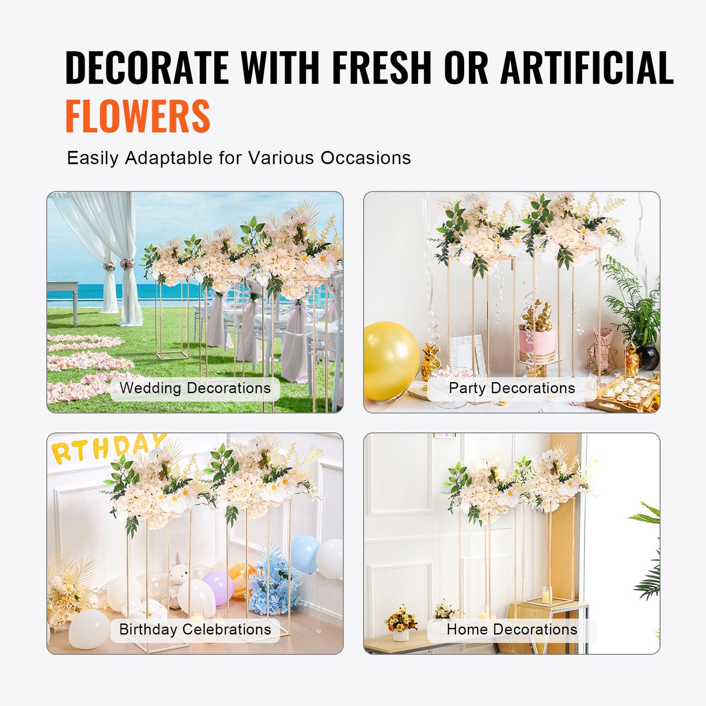 2PCS 31.5inch High Wedding Flower Stand, Metal Vase Column Geometric Centerpiece Stands, Gold Rectangular Floral Display Rack for T-Stage Events Reception, Party Decoration Home