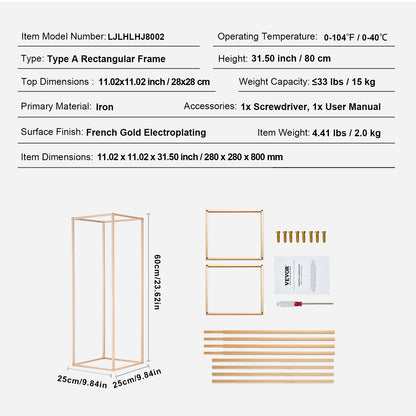 2PCS 31.5inch High Wedding Flower Stand, Metal Vase Column Geometric Centerpiece Stands, Gold Rectangular Floral Display Rack for T-Stage Events Reception, Party Decoration Home