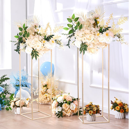 2PCS 31.5inch High Wedding Flower Stand, Metal Vase Column Geometric Centerpiece Stands, Gold Rectangular Floral Display Rack for T-Stage Events Reception, Party Decoration Home