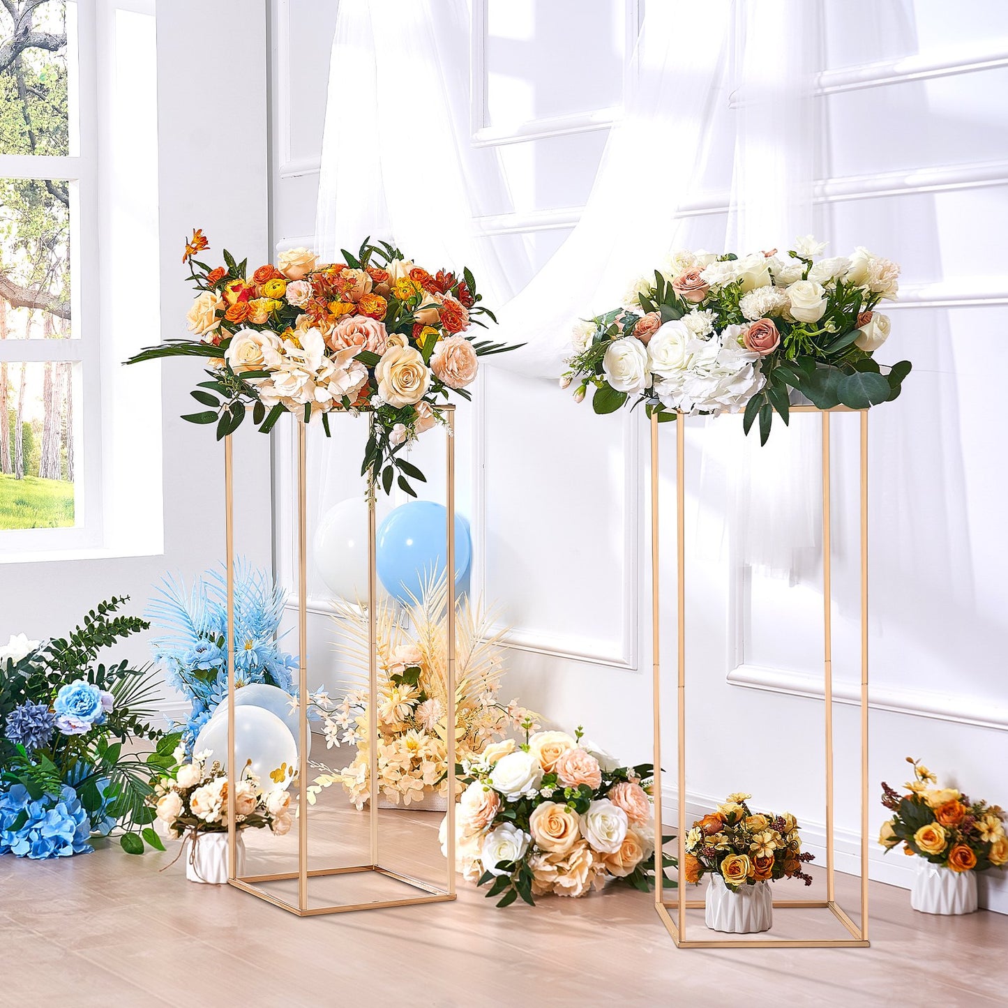 10PCS 31.5inch High Wedding Flower Stand, With Acrylic Laminate,Metal Vase Column Geometric Centerpiece Stands, Gold Rectangular Floral Display Rack for Events Reception, Party Decoration