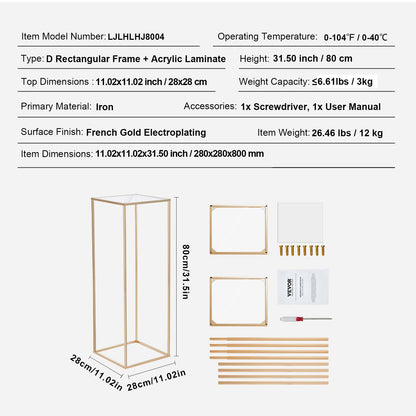 10 Stück 80 cm hoher Blumenständer für Hochzeiten, mit Acryllaminat, geometrischer Mittelstückständer aus Metall mit Vasensäule, rechteckiger Blumenständer in Gold für Veranstaltungsempfänge, Partydekoration