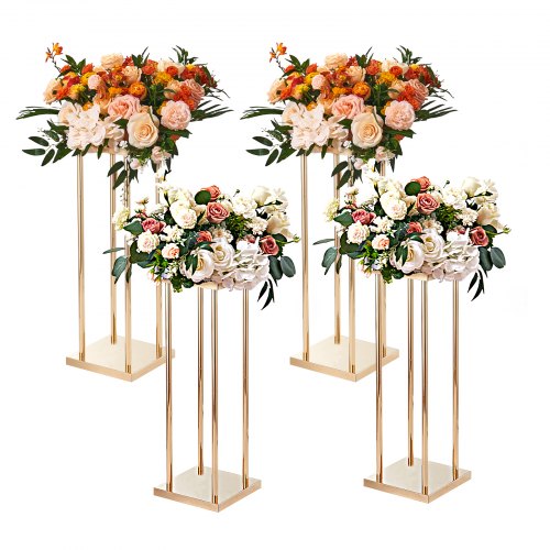4PCS Gold Metal Column Wedding Flower Stand, 31.5inch High With Metal Laminate, Vase Geometric Centerpiece Stands, Cylindrical Floral Display Rack for Events Reception, Party Road Leads