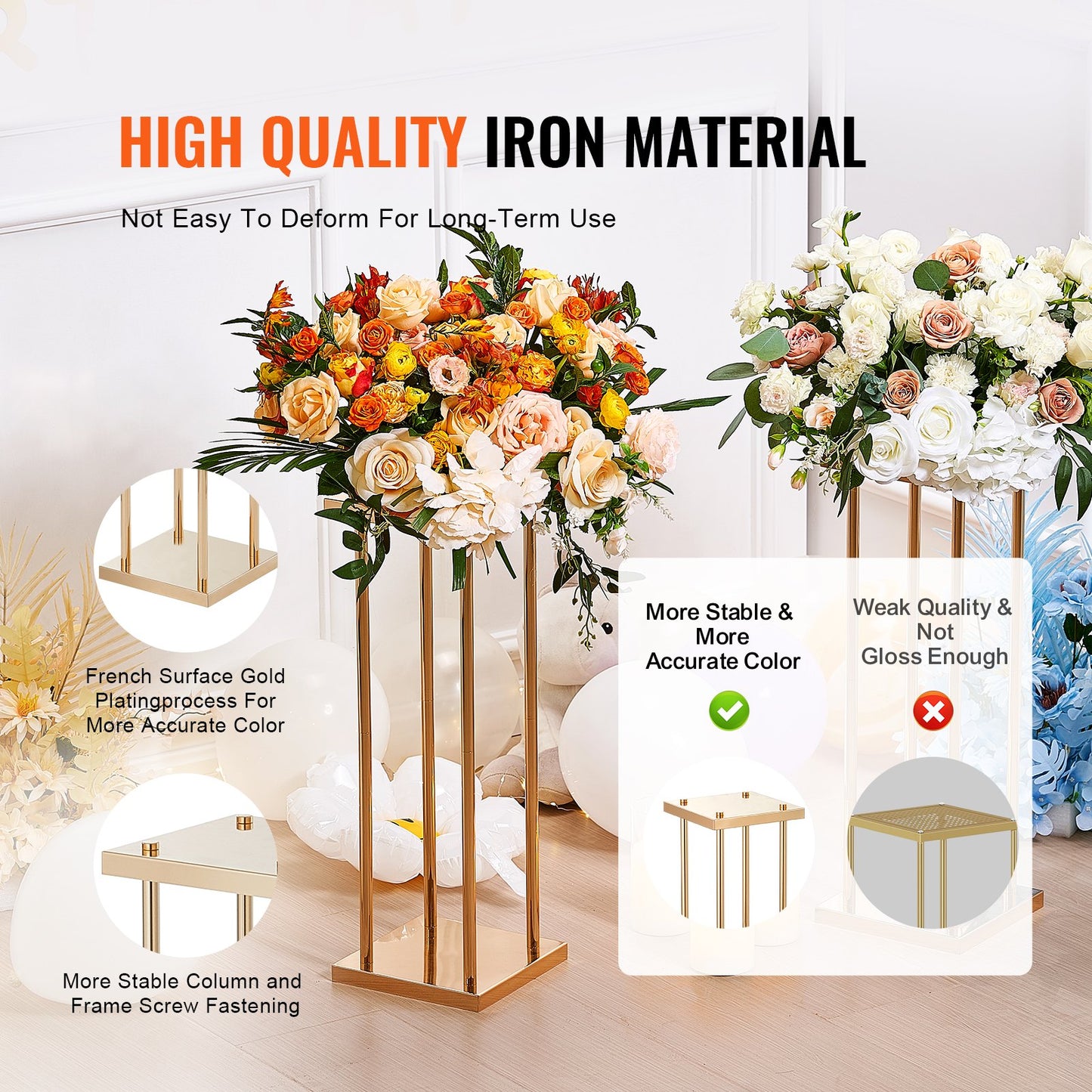 4PCS Gold Metal Column Wedding Flower Stand, 31.5 inches/80 cm tall with metal laminate, sharp geometric centerpiece stand, cylindrical floral display stand for event reception, party guides