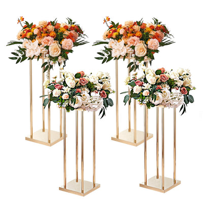 4PCS Gold Metal Column Wedding Flower Stand, 31.5 inches/80 cm tall with metal laminate, sharp geometric centerpiece stand, cylindrical floral display stand for event reception, party guides