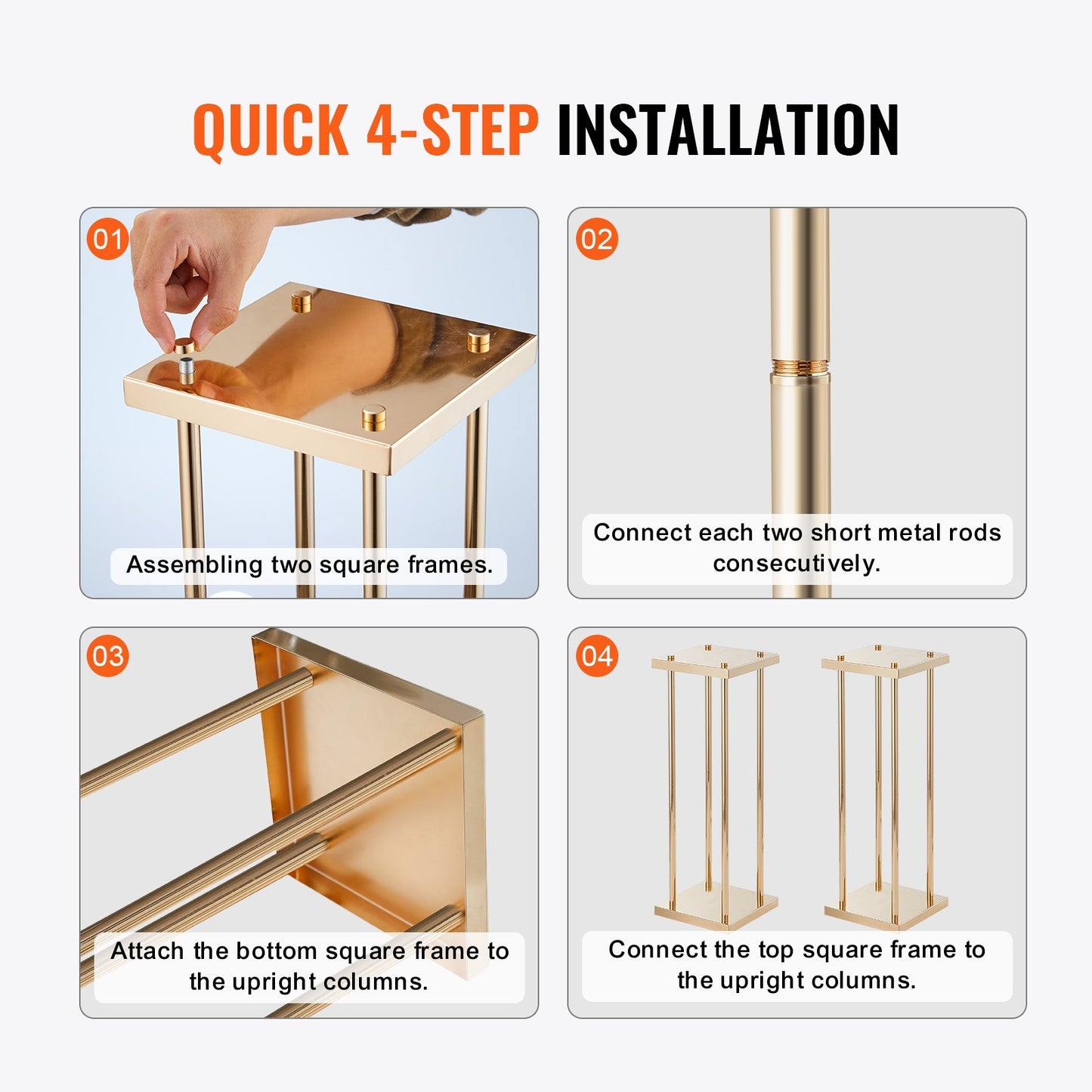 4-teiliger Blumenständer aus goldenen Metallsäulen für Hochzeiten, 60 cm hoch mit Metalllaminat, scharfer geometrischer Mittelstückständer, zylindrischer Blumenständer für Veranstaltungsempfänge, Partyführer