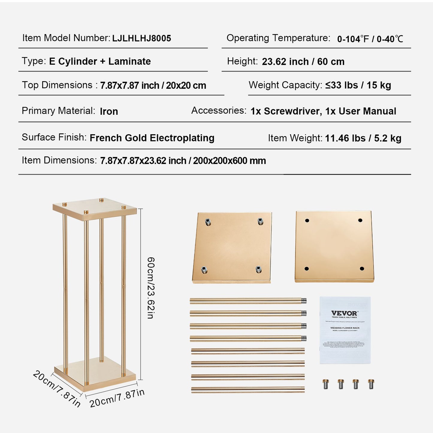 4-teiliger Blumenständer aus goldenen Metallsäulen für Hochzeiten, 60 cm hoch mit Metalllaminat, scharfer geometrischer Mittelstückständer, zylindrischer Blumenständer für Veranstaltungsempfänge, Partyführer