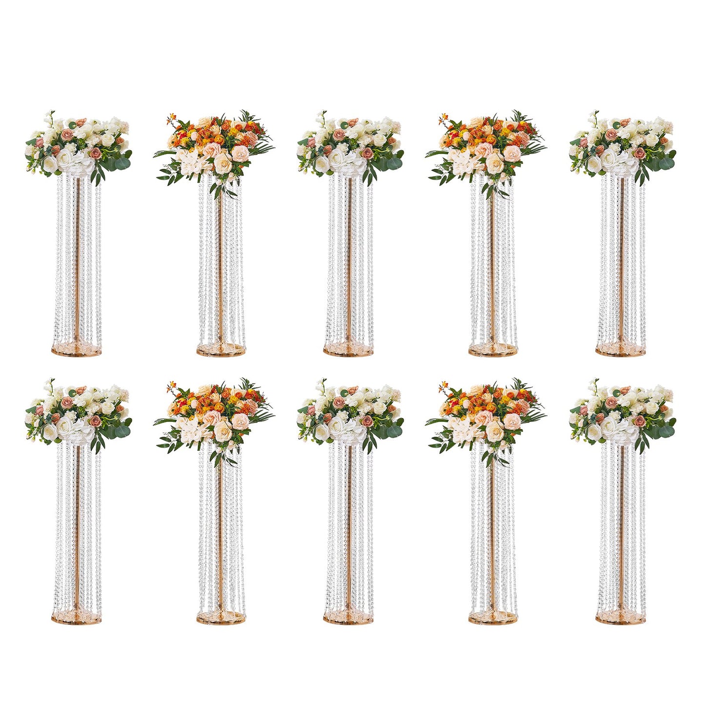 10 Stück 90 cm hoher Kristall-Blumenständer für Hochzeiten, luxuriöse Mittelstücke, Blumenvasen, Kristall, Gold, Metall, perfekt für die T-Bühne, Hochzeitsfeier, Zeremonie, Abendessen, Veranstaltung, Hotel, Heimdekoration