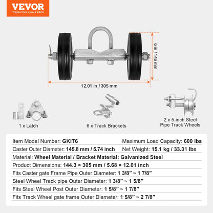 Sliding Gate Kit 6” Sliding Rollers for Connect Tracks Max.600LBS