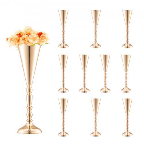 10PCS 43cm/16.9” Tall Wedding Flower Vase, Metal Wedding Trumpet Centerpiece, Gold Floral Stand Display Rack for Tables Wedding Dinner Party, Anniversary Ceremony Birthday Event Decor