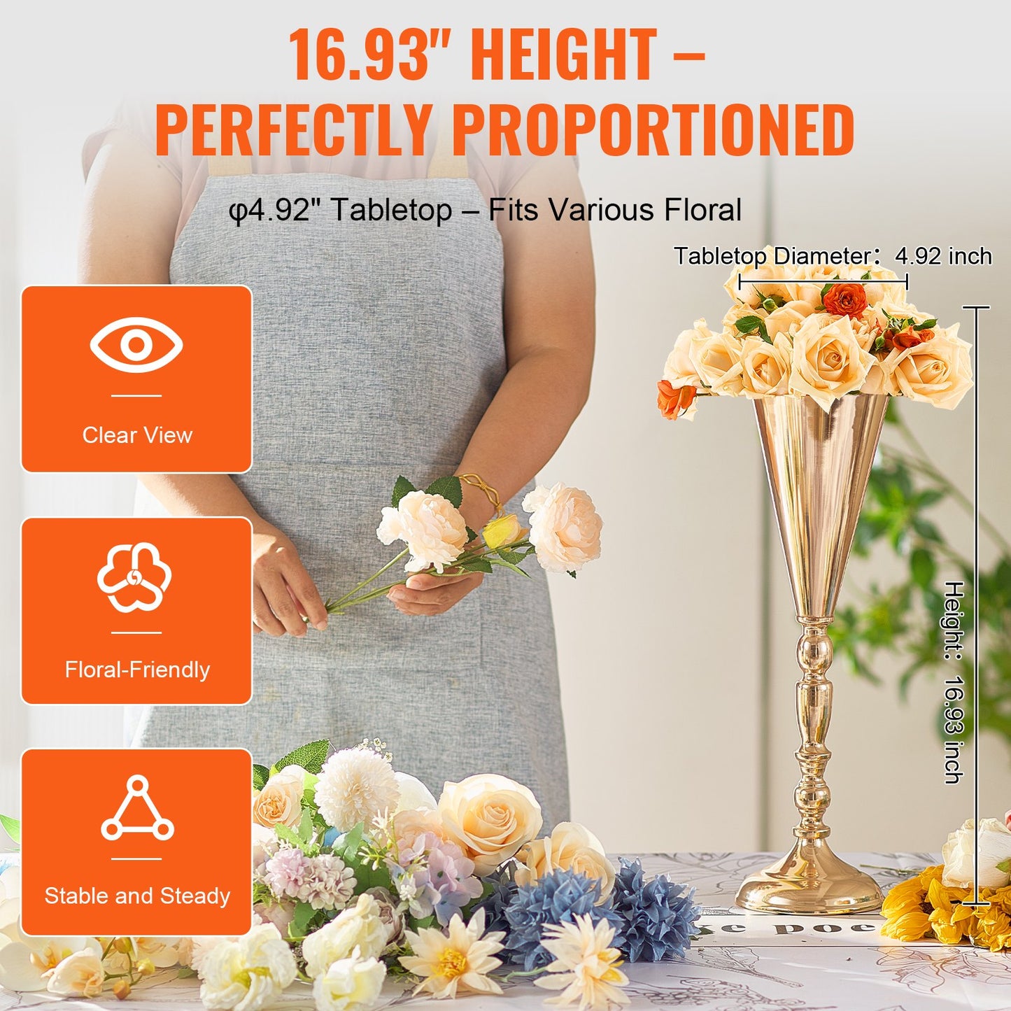 10 STÜCKE 43 cm/16,9 ”hohe hochzeit blumenvase metall gold trompete für