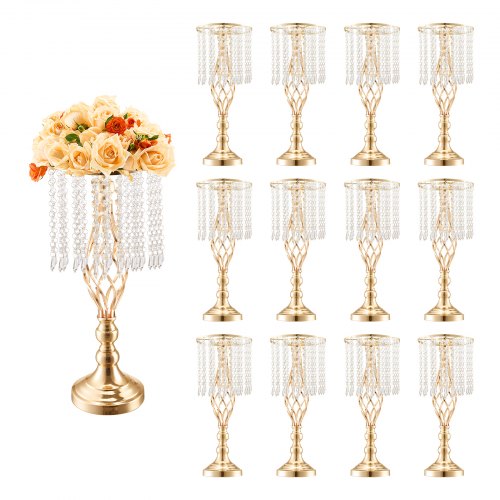 12PCS 49cm/19.3” Tall Crystal Wedding Flower Stand, Metal Wedding Centerpiece Vase, Gold Flower Holders Floral Display Rack for Tables Wedding Dinner Party, Ceremony Birthday Event Decor