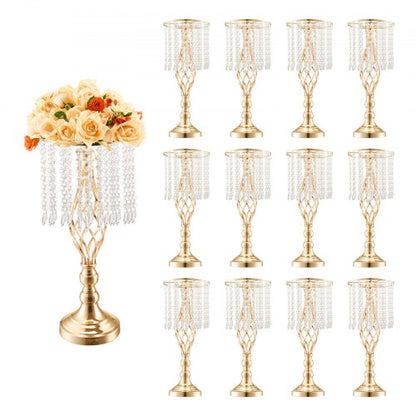 12PCS 49cm/19.3” Tall Crystal Wedding Flower Stand, Metal Wedding Centerpiece Vase, Gold Flower Holders Floral Display Rack for Tables Wedding Dinner Party, Ceremony Birthday Event Decor