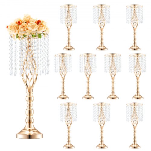 10PCS 55cm/21.65” Tall Crystal Wedding Flower Stand, Metal Wedding Centerpiece Vase, Gold Flower Holders Floral Display Rack for Tables Wedding Dinner Party, Ceremony Birthday Event Decor