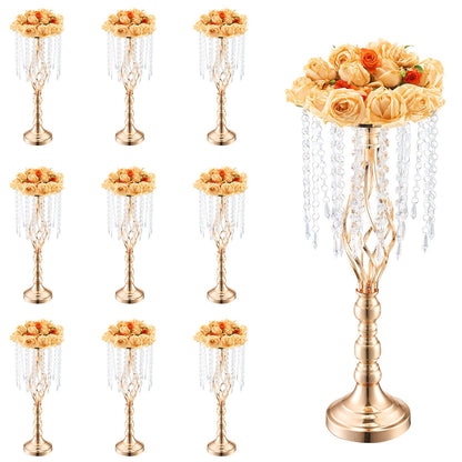 10PCS 55cm/21.65” Tall Crystal Wedding Flower Stand, Metal Wedding Centerpiece Vase, Gold Flower Holders Floral Display Rack for Tables Wedding Dinner Party, Ceremony Birthday Event Decor