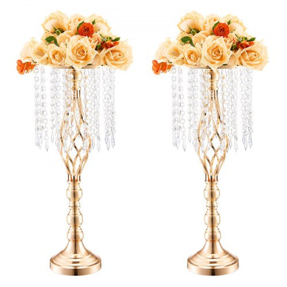2PCS 55cm/21.65” Tall Crystal Wedding Flower Stand, Metal Wedding Centerpiece Vase, Gold Flower Holders Floral Display Rack for Tables Wedding Dinner Party, Ceremony Birthday Event Decor