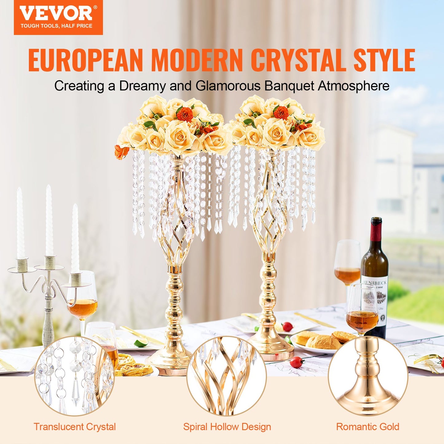 2PCS 55cm/21.65” Tall Crystal Wedding Flower Stand, Metal Wedding Centerpiece Vase, Gold Flower Holders Floral Display Rack for Tables Wedding Dinner Party, Ceremony Birthday Event Decor
