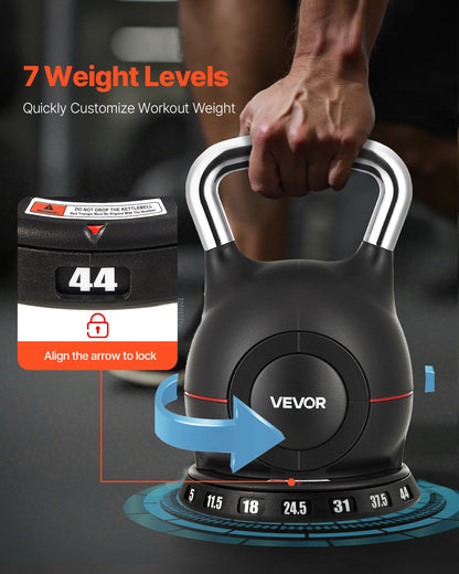 Kettlebell, Adjustable Kettlebell with 7 Weight Levels (5, 11.5, 18, 24.5, 31, 37.5, 44 lbs), Die-Cast Aluminum and ABS Material, for Grip Strength Training, Full-body Workout & Cross-Training