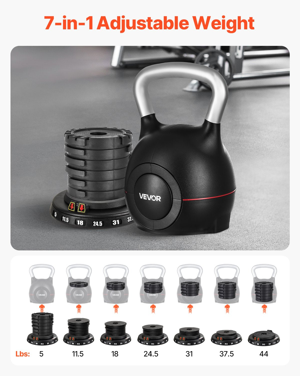 Kettlebell, Adjustable Kettlebell with 7 Weight Levels (5, 11.5, 18, 24.5, 31, 37.5, 44 lbs), Die-Cast Aluminum and ABS Material, for Grip Strength Training, Full-body Workout & Cross-Training