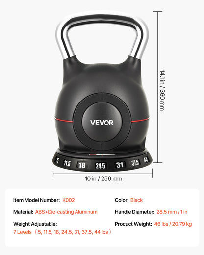Kettlebell, Adjustable Kettlebell with 7 Weight Levels (5, 11.5, 18, 24.5, 31, 37.5, 44 lbs), Die-Cast Aluminum and ABS Material, for Grip Strength Training, Full-body Workout & Cross-Training