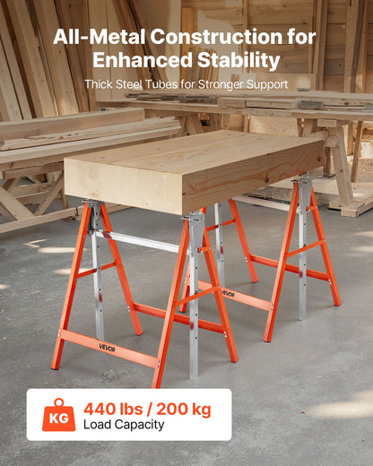 Saw Horses, 2 Pack Folding Work Horses, 440 lbs Load Capacity Sawhorse with Heavy Duty Legs, Adjustable Height Saw Horse with Non-Slip Foot Pads, for Woodworking, Carpenters & Contractors