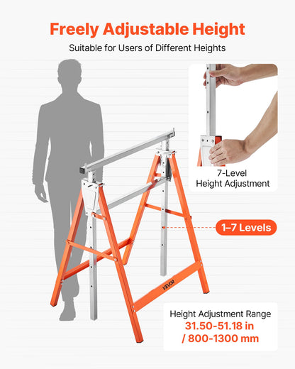 Saw Horses, 2 Pack Folding Work Horses, 440 lbs Load Capacity Sawhorse with Heavy Duty Legs, Adjustable Height Saw Horse with Non-Slip Foot Pads, for Woodworking, Carpenters & Contractors